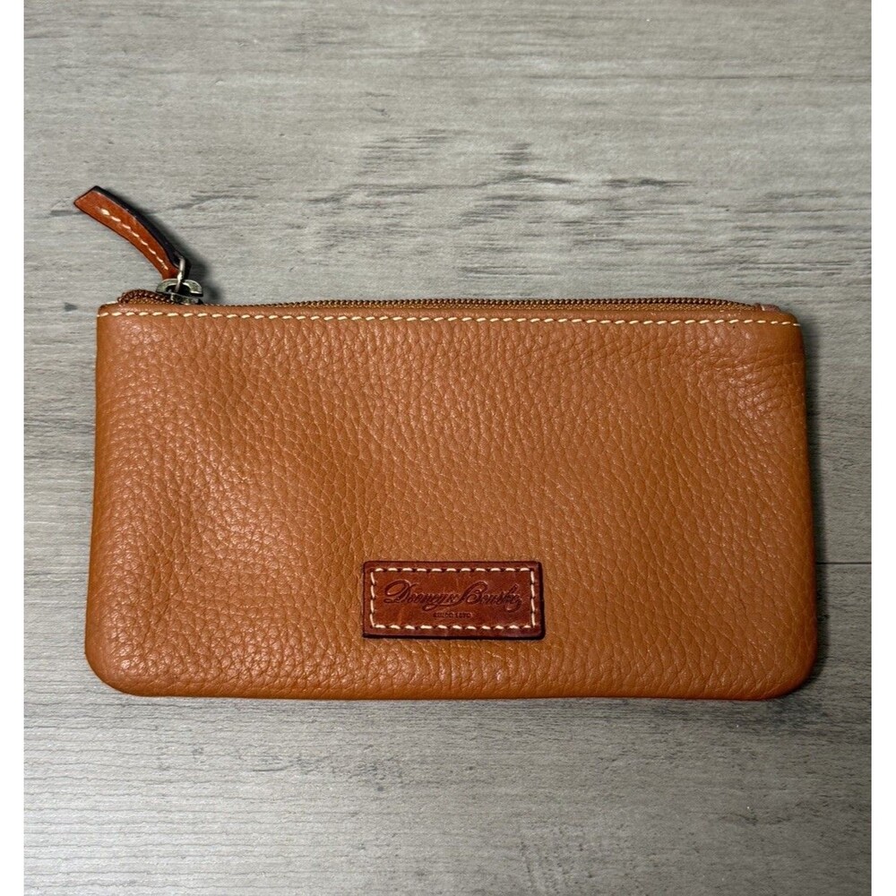 Dooney & Bourke Brown Zip Pouch Wallet w/ ID Window, Logo Accent Pebbled Leather